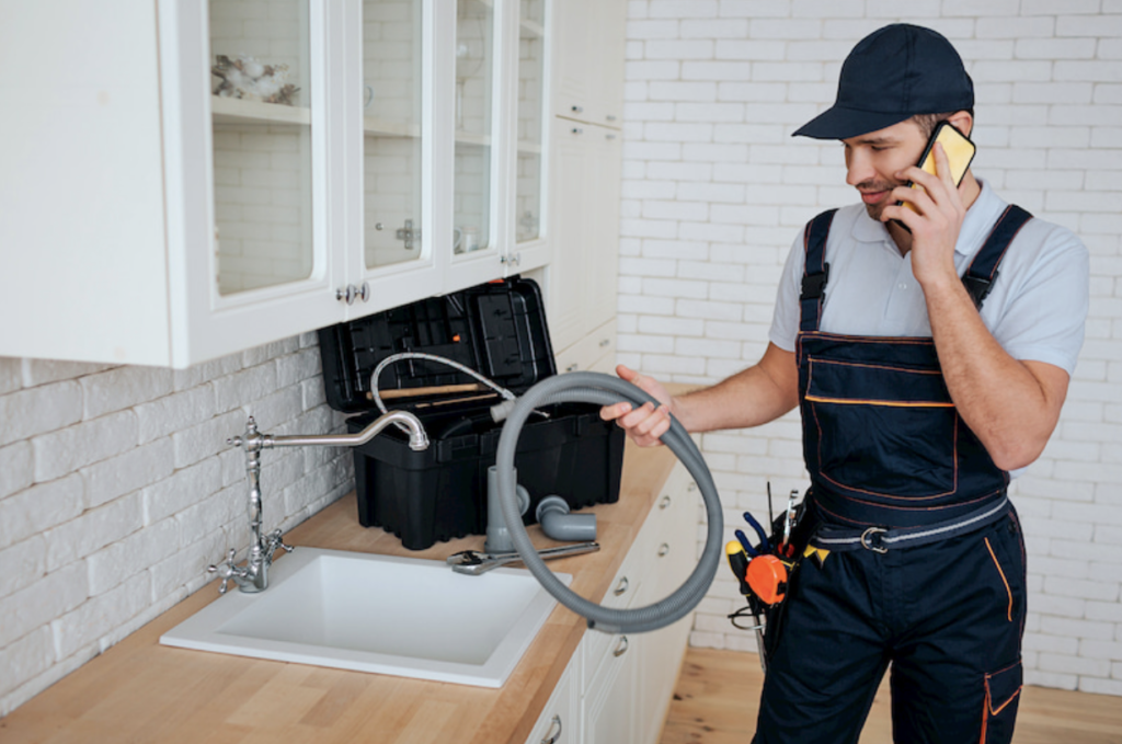 Plumbing technician with hydro jetting equipment in kitchen