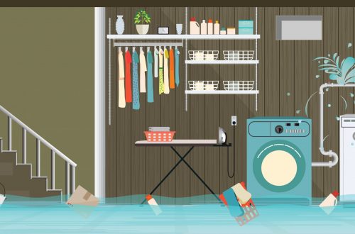 Interior flooded basement flooring of laundry room with leaky pipeline, vector illustration.